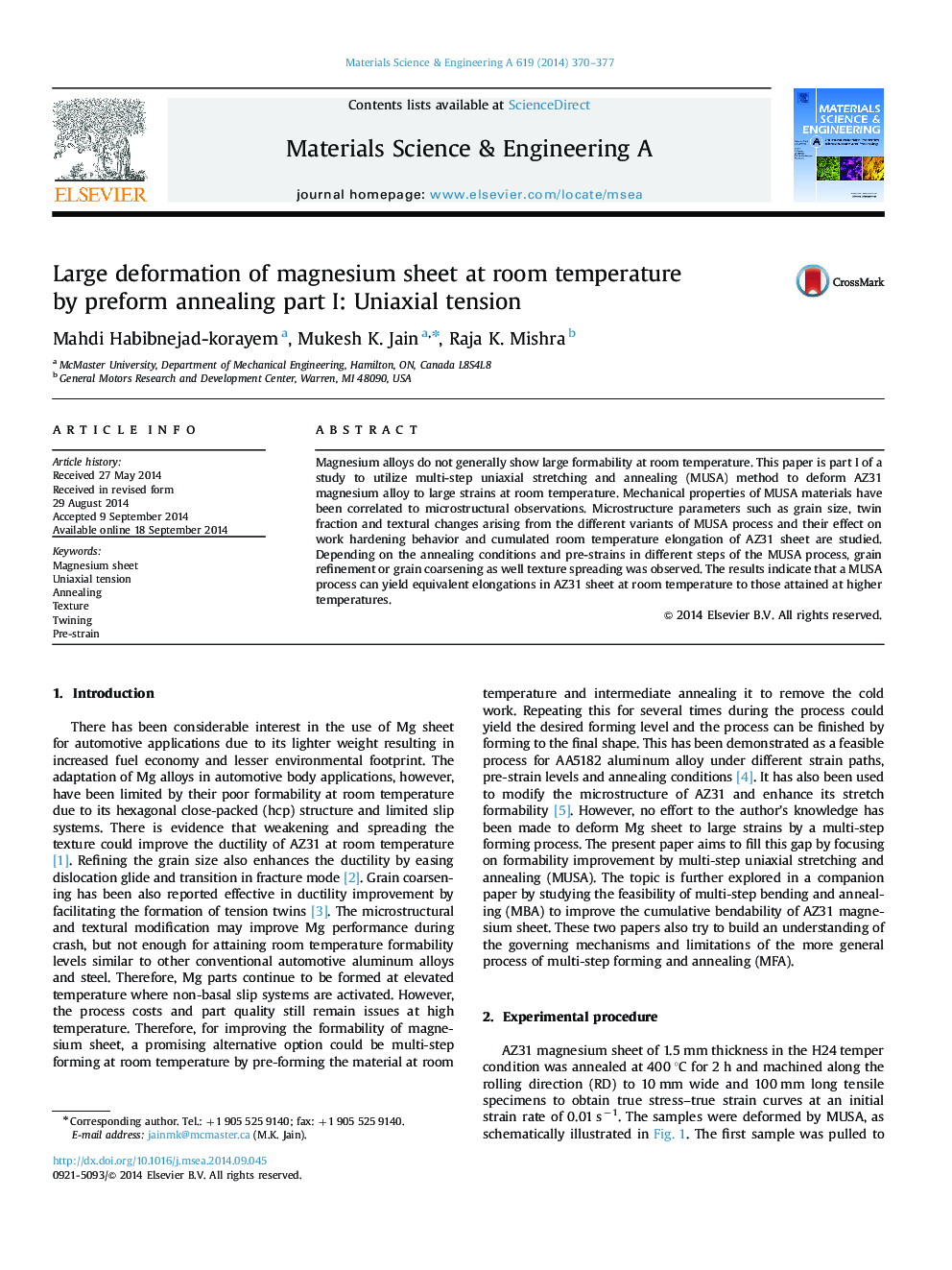 Large deformation of magnesium sheet at room temperature by preform annealing part I: Uniaxial tension