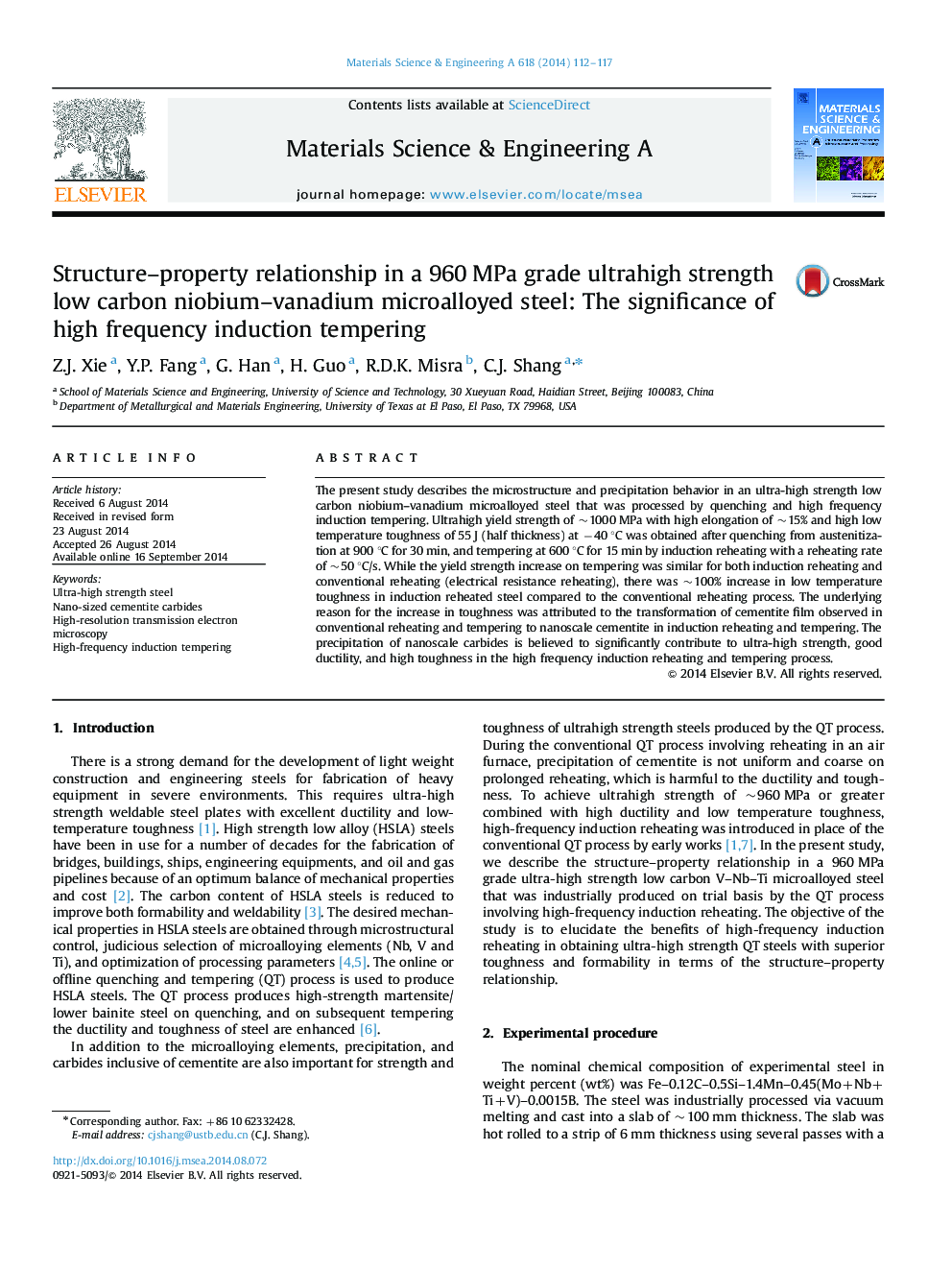 Structure-property relationship in a 960Â MPa grade ultrahigh strength low carbon niobium-vanadium microalloyed steel: The significance of high frequency induction tempering