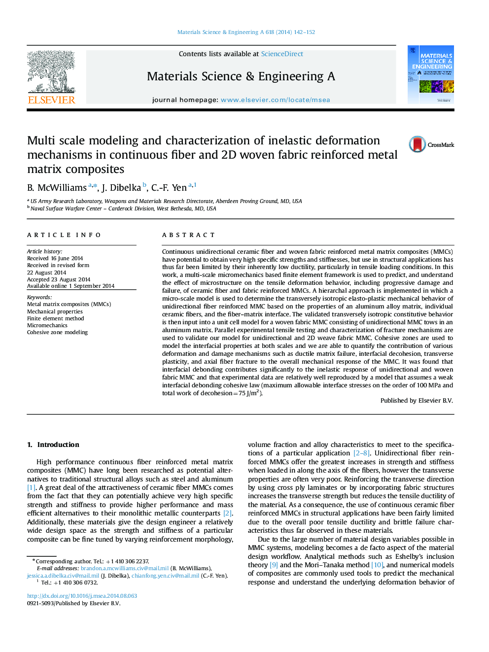 Multi scale modeling and characterization of inelastic deformation mechanisms in continuous fiber and 2D woven fabric reinforced metal matrix composites