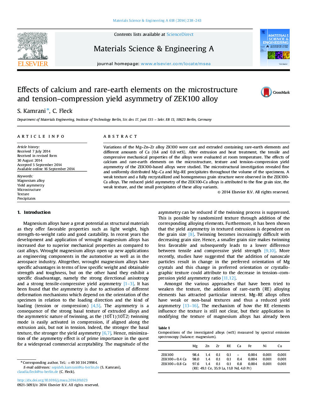 Effects of calcium and rare-earth elements on the microstructure and tension–compression yield asymmetry of ZEK100 alloy