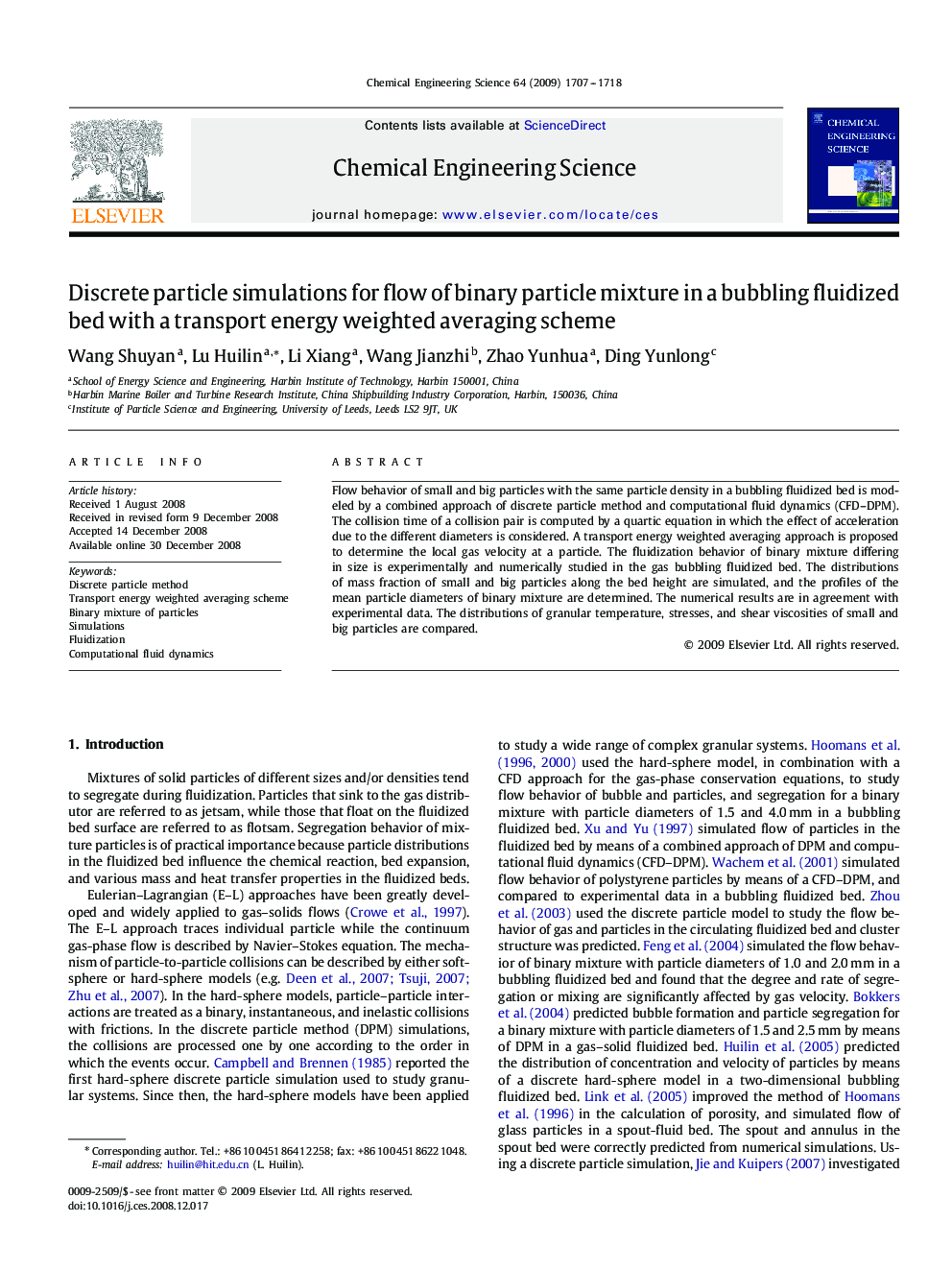 Discrete particle simulations for flow of binary particle mixture in a bubbling fluidized bed with a transport energy weighted averaging scheme