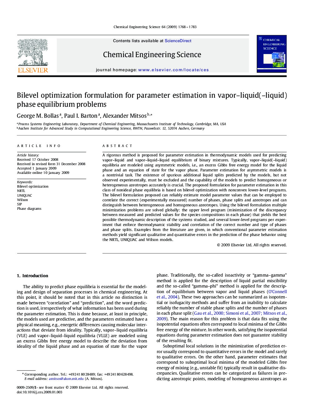 عکس صفحه اول مقاله: Bilevel optimization formulation for parameter estimation in vapor–liquid(–liquid) phase equilibrium problems Bilevel optimization formulation for parameter estimation in vapor–liquid(–liquid) phase equilibrium problems