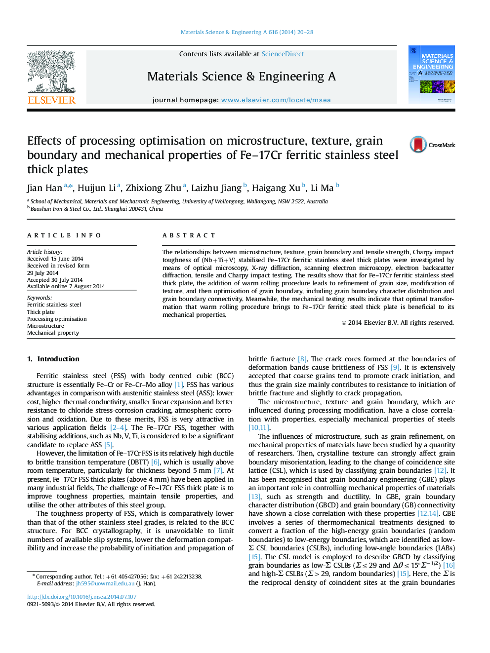 Effects of processing optimisation on microstructure, texture, grain boundary and mechanical properties of Fe-17Cr ferritic stainless steel thick plates