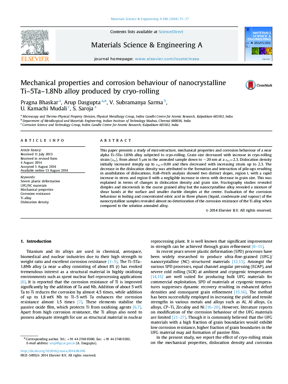 Mechanical properties and corrosion behaviour of nanocrystalline Ti-5Ta-1.8Nb alloy produced by cryo-rolling