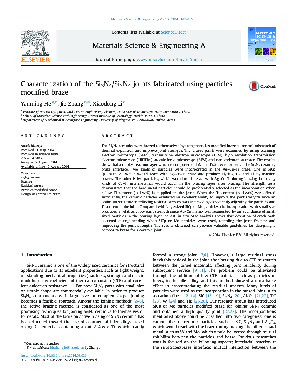 Characterization of the Si3N4/Si3N4 joints fabricated using particles modified braze