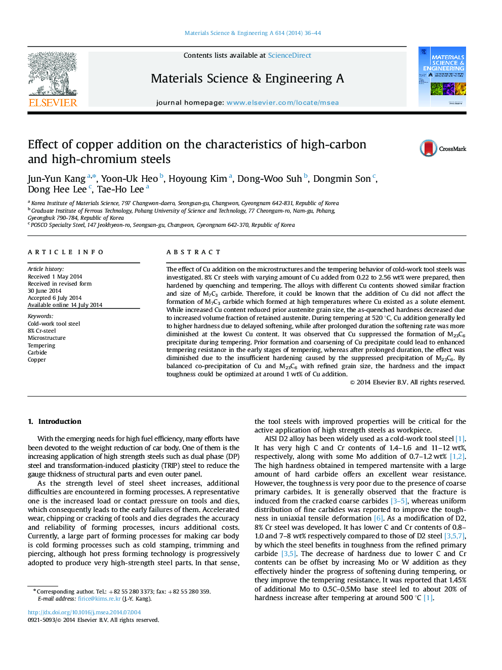 Effect of copper addition on the characteristics of high-carbon and high-chromium steels
