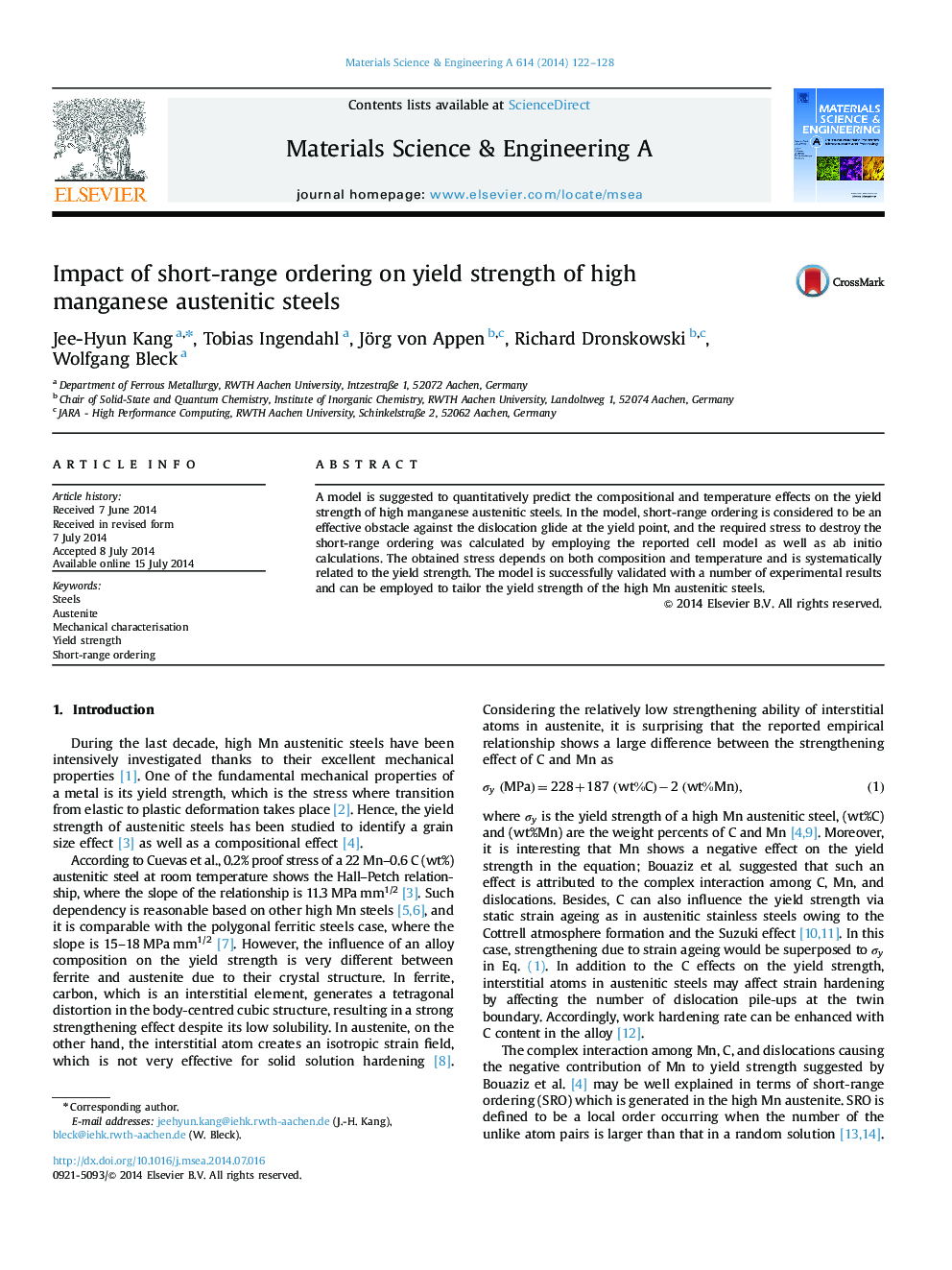 Impact of short-range ordering on yield strength of high manganese austenitic steels