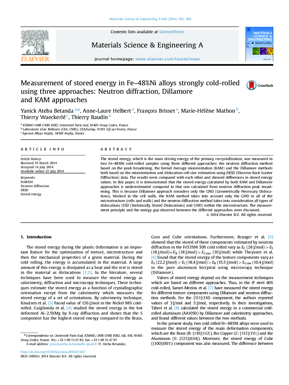 Measurement of stored energy in Fe-48%Ni alloys strongly cold-rolled using three approaches: Neutron diffraction, Dillamore and KAM approaches