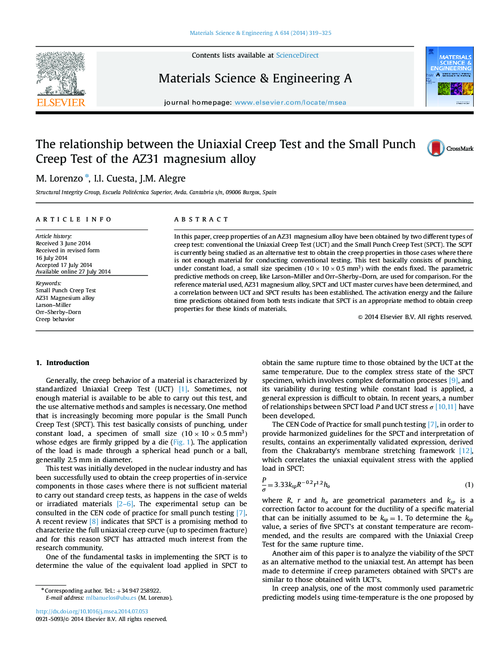 The relationship between the Uniaxial Creep Test and the Small Punch Creep Test of the AZ31 magnesium alloy