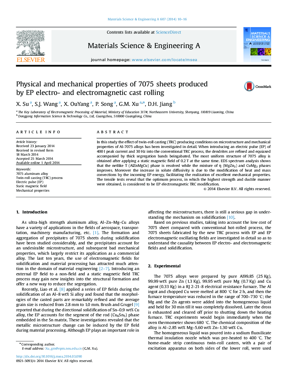 Physical and mechanical properties of 7075 sheets produced by EP electro- and electromagnetic cast rolling