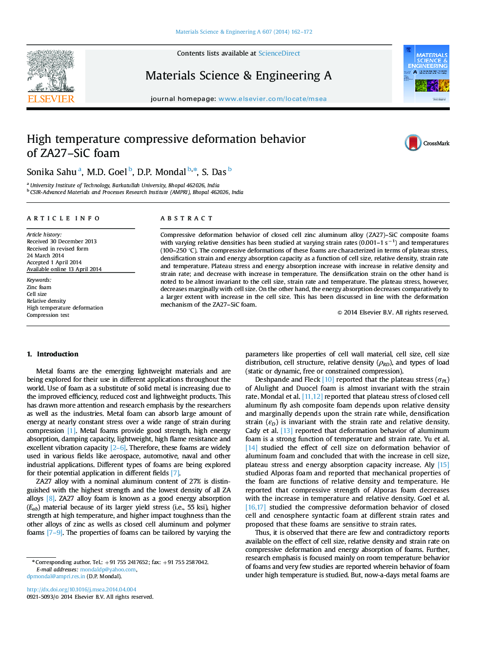 High temperature compressive deformation behavior of ZA27-SiC foam