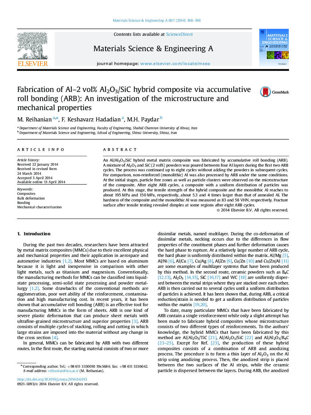 Fabrication of Al-2Â vol% Al2O3/SiC hybrid composite via accumulative roll bonding (ARB): An investigation of the microstructure and mechanical properties