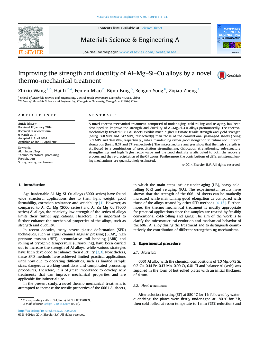 Improving the strength and ductility of Al-Mg-Si-Cu alloys by a novel thermo-mechanical treatment