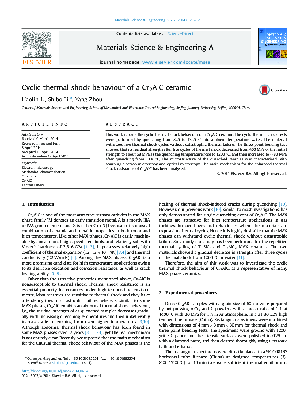 Cyclic thermal shock behaviour of a Cr2AlC ceramic