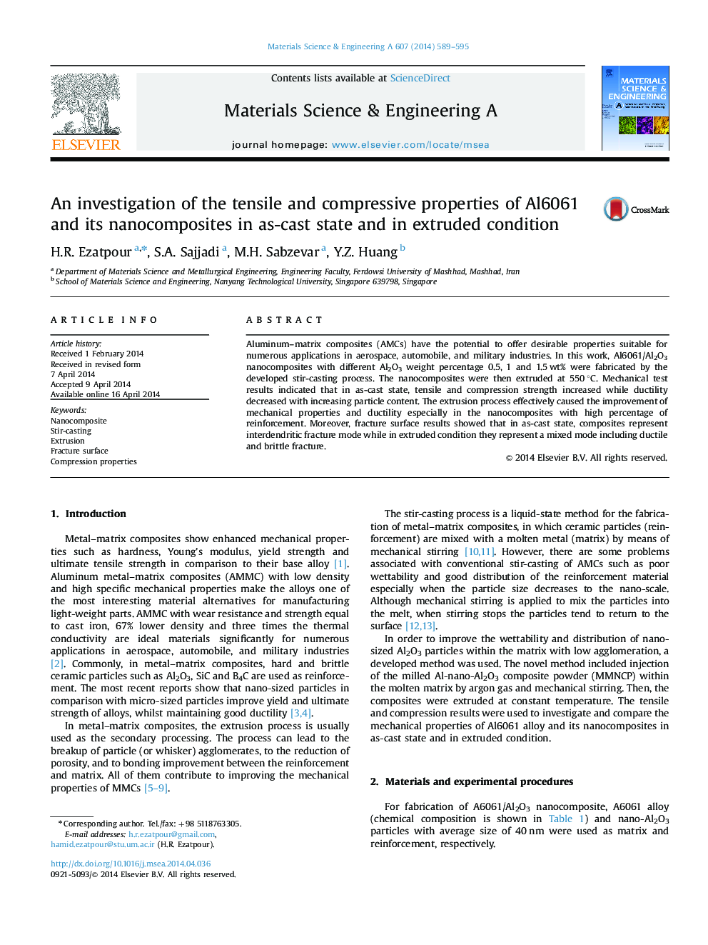 An investigation of the tensile and compressive properties of Al6061 and its nanocomposites in as-cast state and in extruded condition