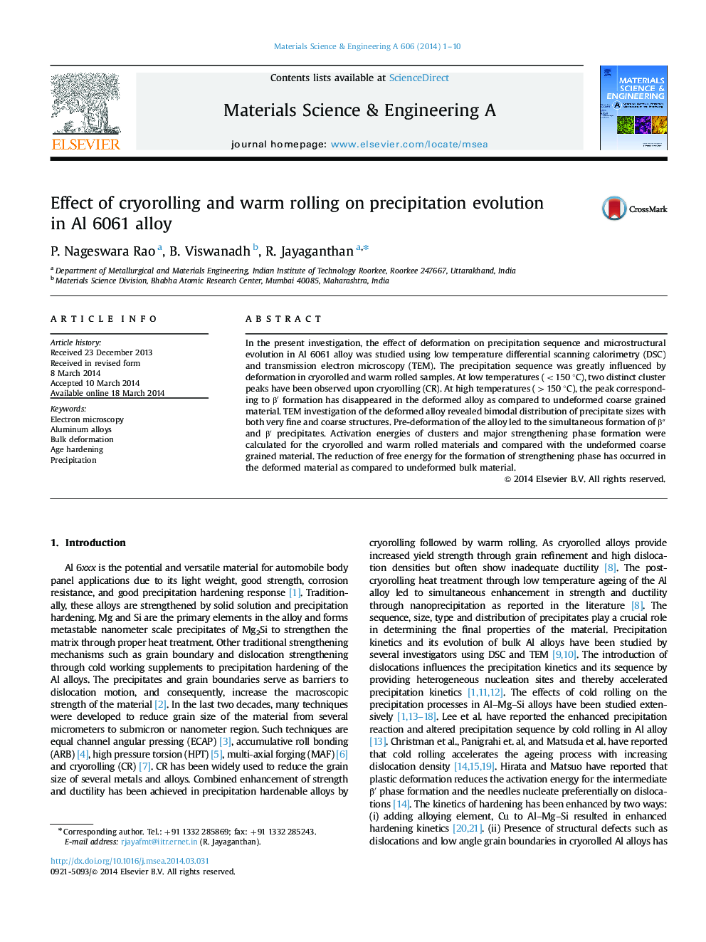 Effect of cryorolling and warm rolling on precipitation evolution in Al 6061 alloy