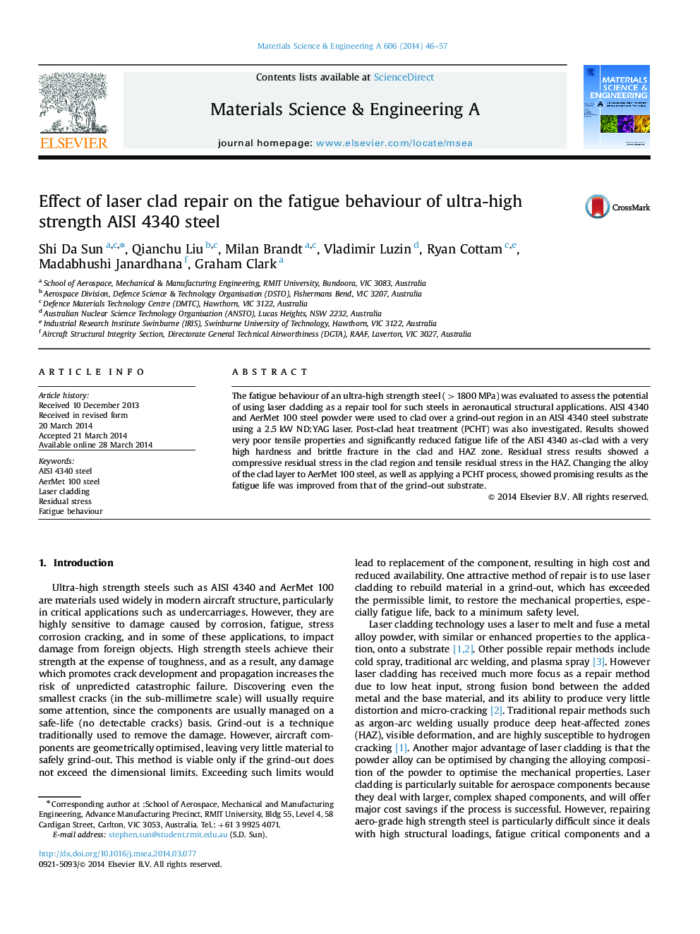 Effect of laser clad repair on the fatigue behaviour of ultra-high strength AISI 4340 steel