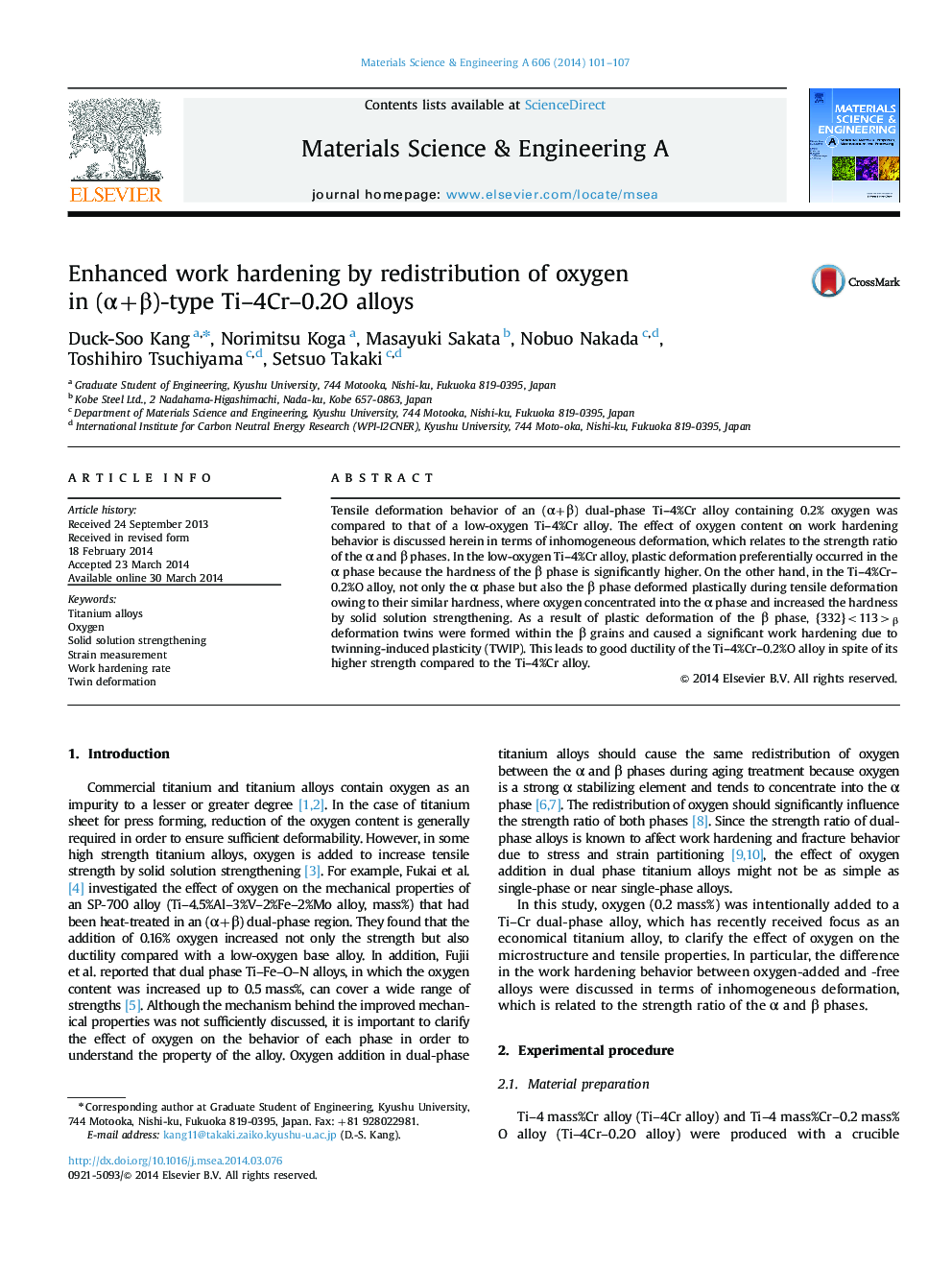 Enhanced work hardening by redistribution of oxygen in (Î±+Î²)-type Ti-4Cr-0.2O alloys