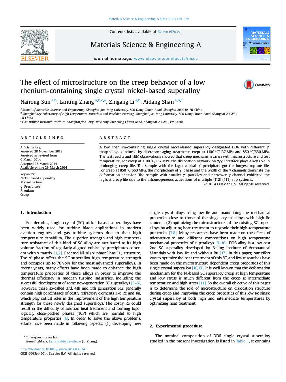 The effect of microstructure on the creep behavior of a low rhenium-containing single crystal nickel-based superalloy