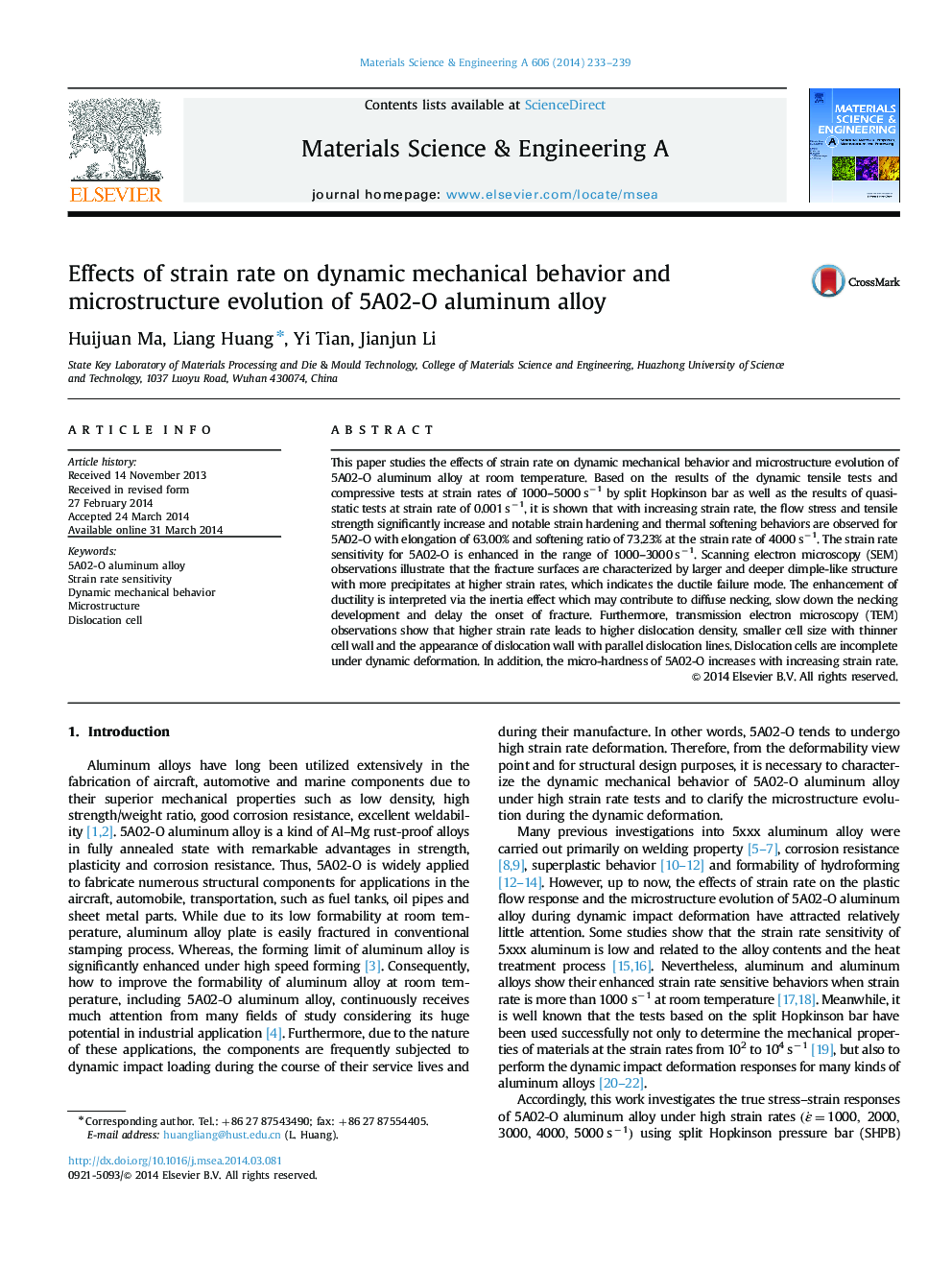 Effects of strain rate on dynamic mechanical behavior and microstructure evolution of 5A02-O aluminum alloy