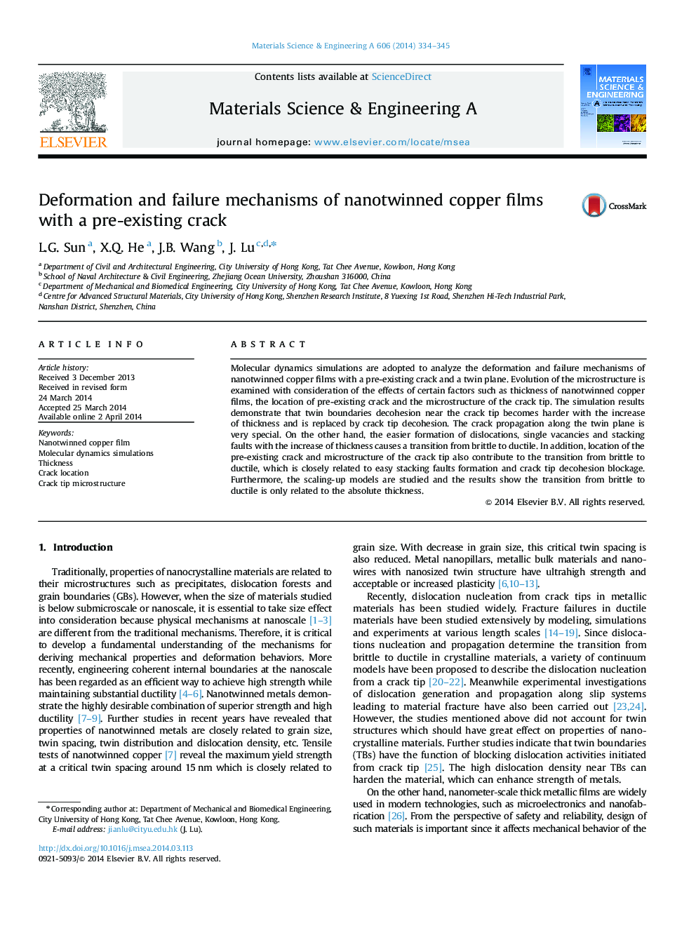 Deformation and failure mechanisms of nanotwinned copper films with a pre-existing crack