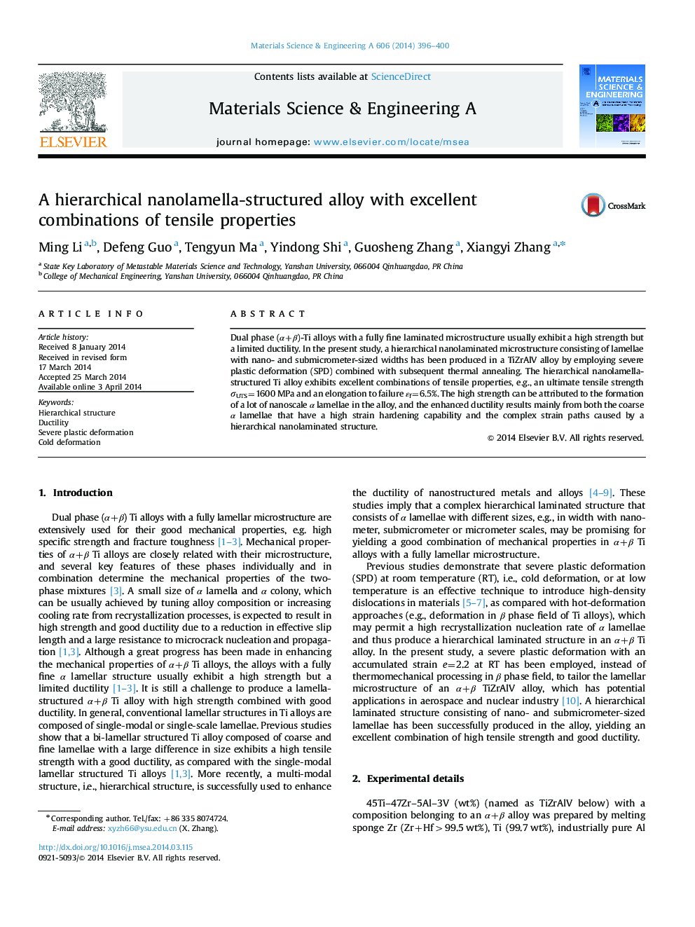 A hierarchical nanolamella-structured alloy with excellent combinations of tensile properties