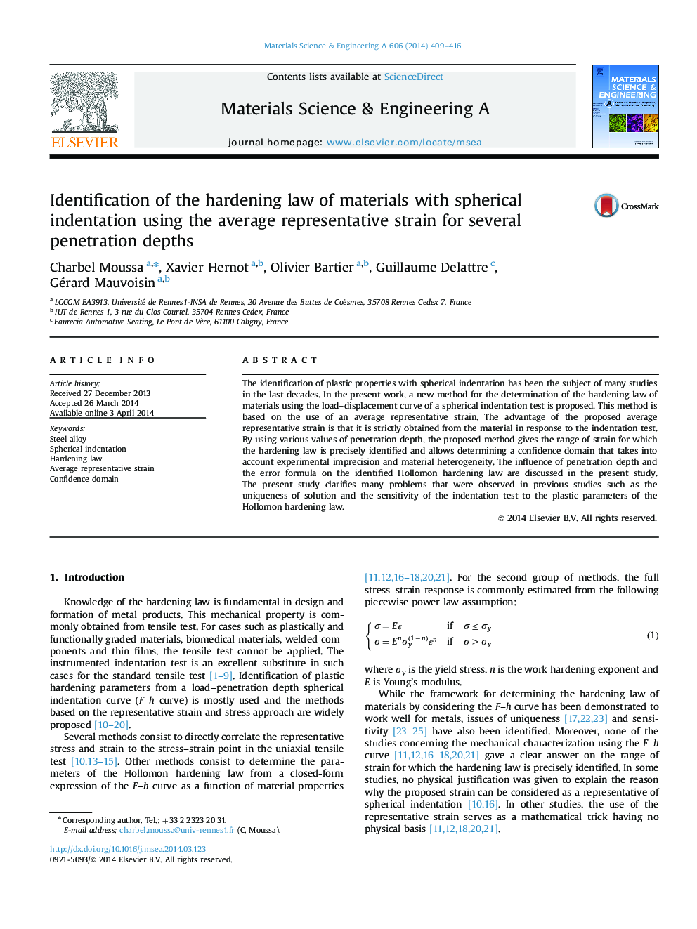 Identification of the hardening law of materials with spherical indentation using the average representative strain for several penetration depths