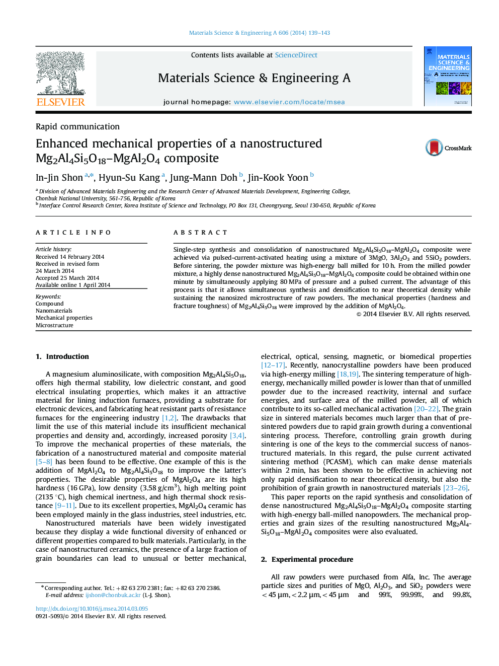 Enhanced mechanical properties of a nanostructured Mg2Al4Si5O18-MgAl2O4 composite