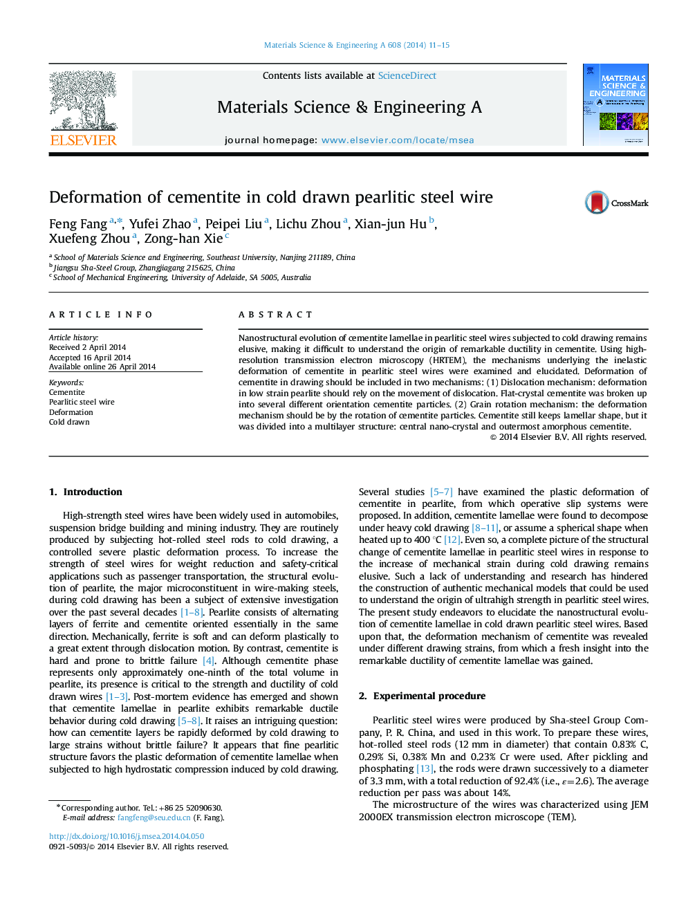 Deformation of cementite in cold drawn pearlitic steel wire