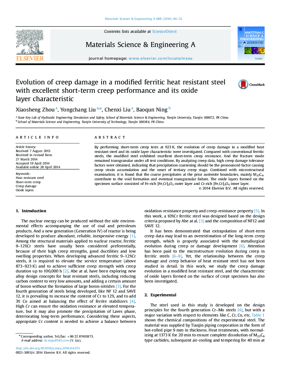 Evolution of creep damage in a modified ferritic heat resistant steel with excellent short-term creep performance and its oxide layer characteristic