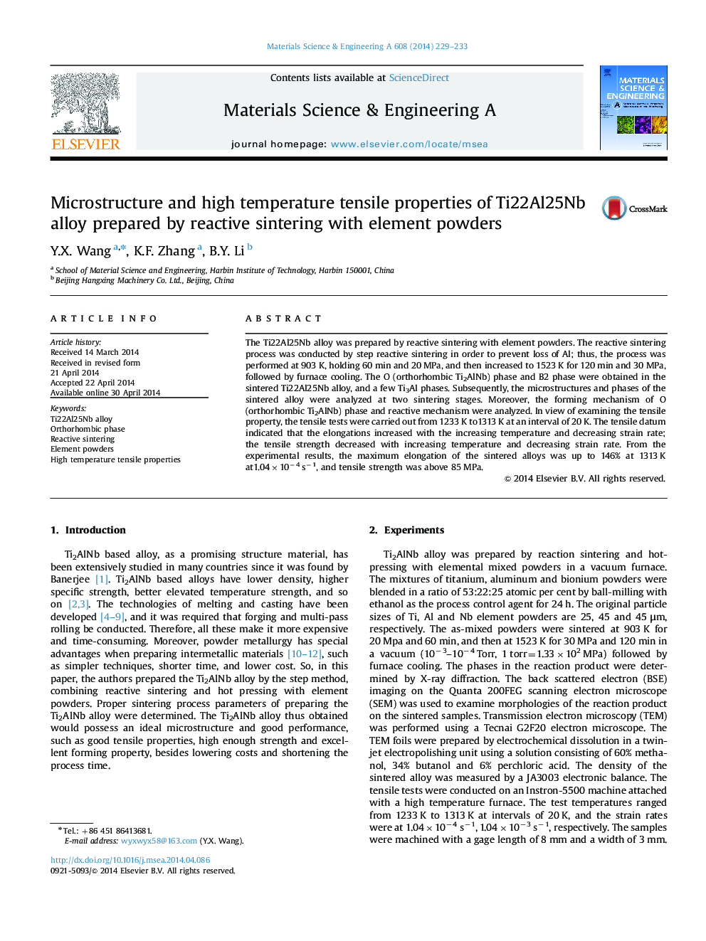 Microstructure and high temperature tensile properties of Ti22Al25Nb alloy prepared by reactive sintering with element powders