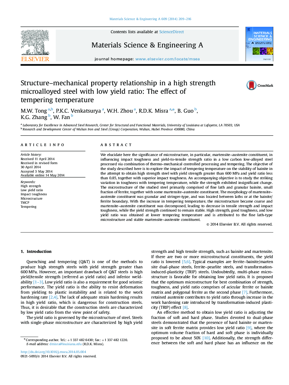 Structure-mechanical property relationship in a high strength microalloyed steel with low yield ratio: The effect of tempering temperature