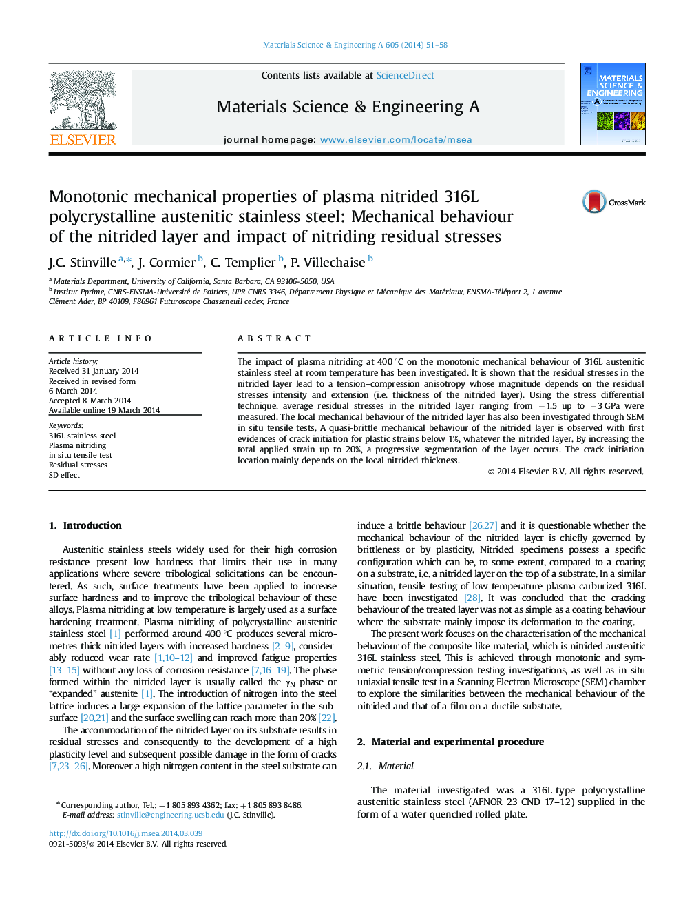 Monotonic mechanical properties of plasma nitrided 316L polycrystalline austenitic stainless steel: Mechanical behaviour of the nitrided layer and impact of nitriding residual stresses