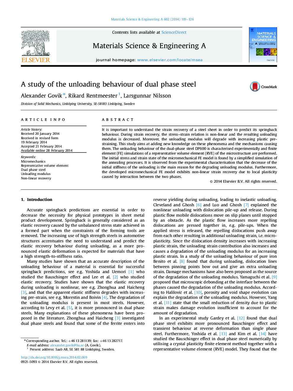 A study of the unloading behaviour of dual phase steel