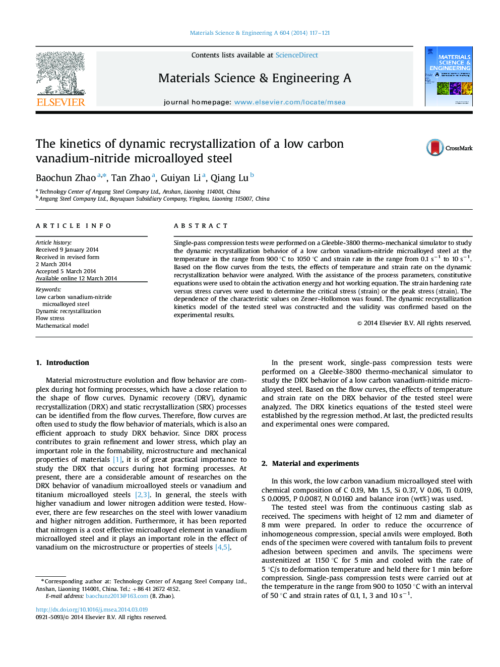 The kinetics of dynamic recrystallization of a low carbon vanadium-nitride microalloyed steel