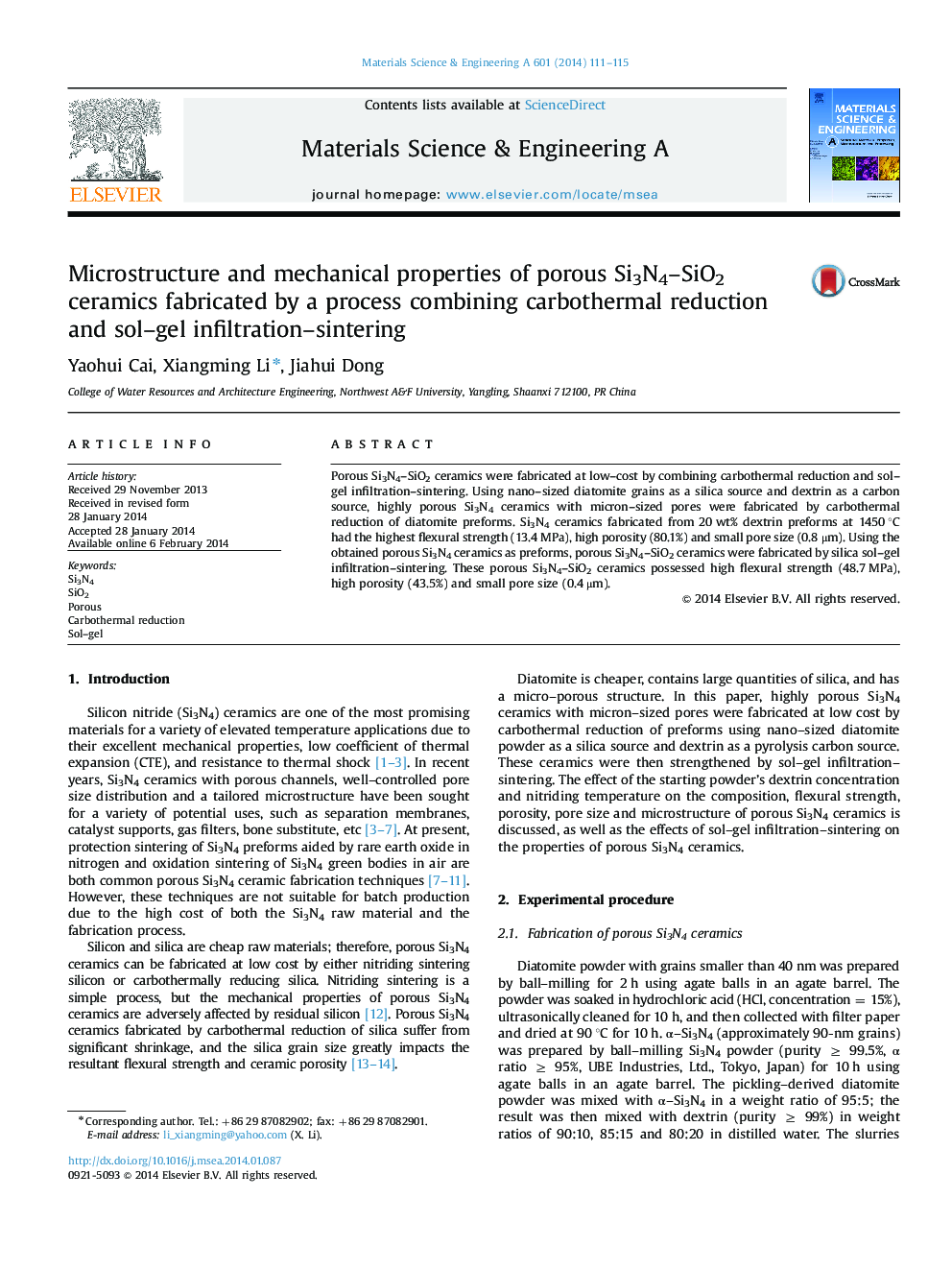 Microstructure and mechanical properties of porous Si3N4-SiO2 ceramics fabricated by a process combining carbothermal reduction and sol-gel infiltration-sintering