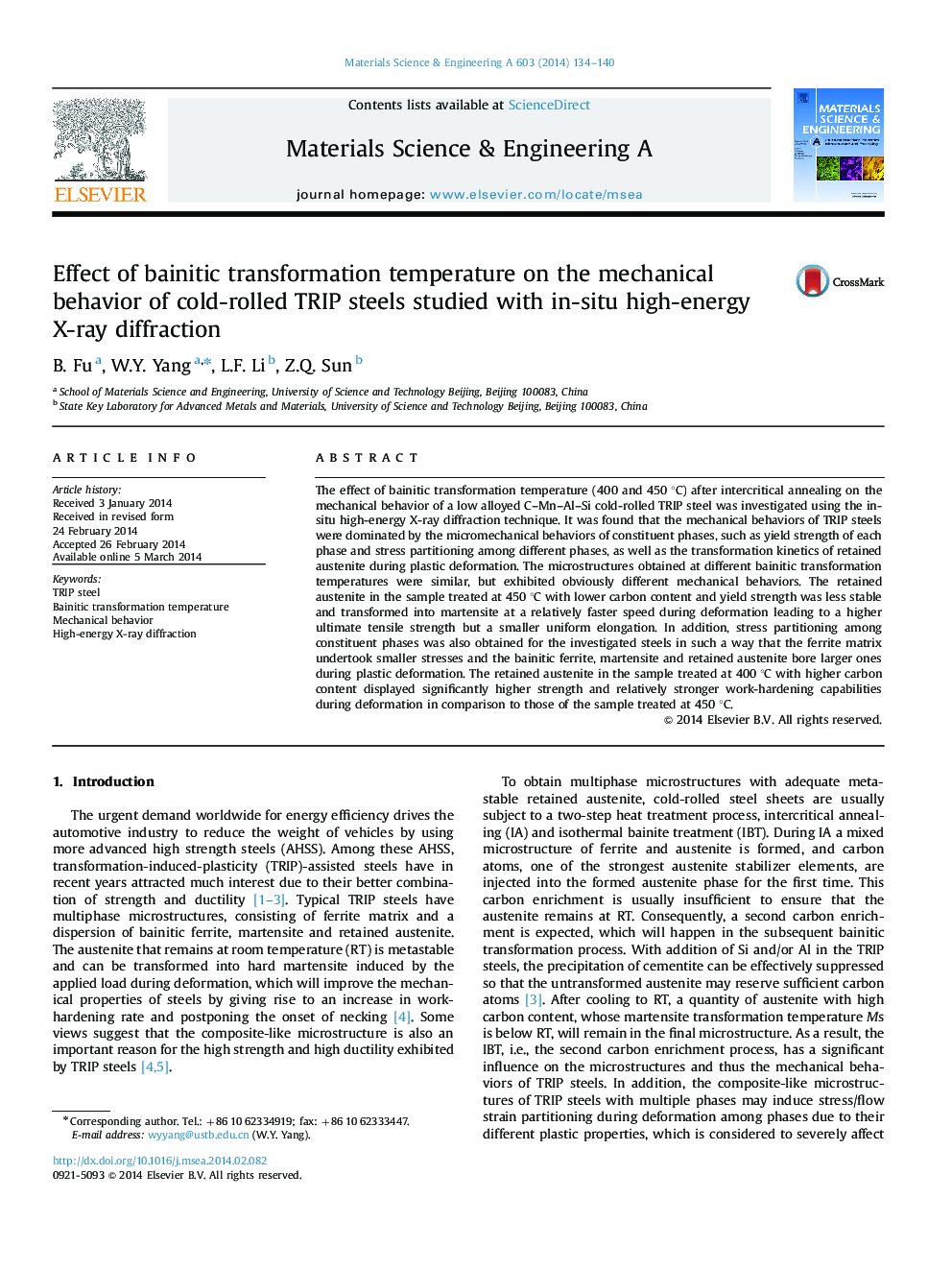 Effect of bainitic transformation temperature on the mechanical behavior of cold-rolled TRIP steels studied with in-situ high-energy X-ray diffraction