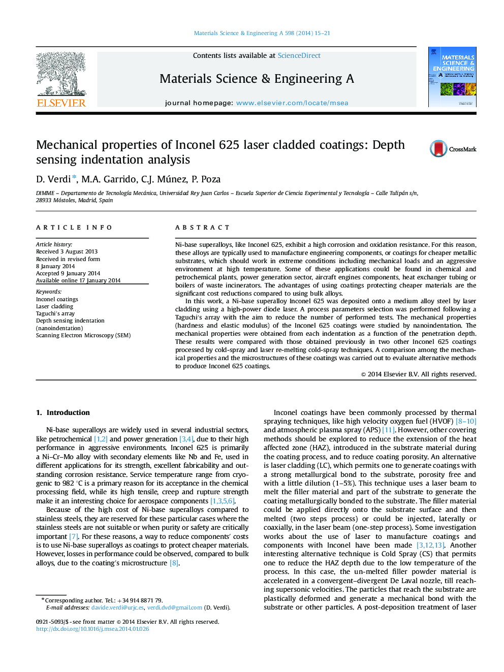 Mechanical properties of Inconel 625 laser cladded coatings: Depth sensing indentation analysis