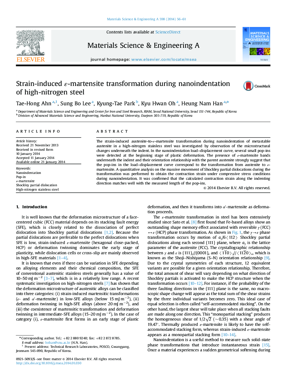 Strain-induced Îµ-martensite transformation during nanoindentation of high-nitrogen steel