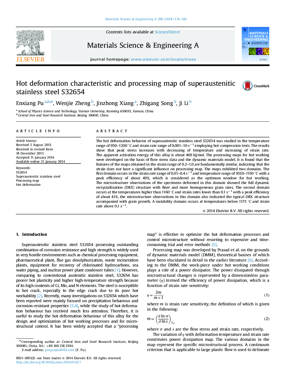 Hot deformation characteristic and processing map of superaustenitic stainless steel S32654