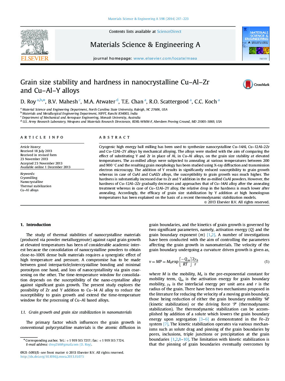 Grain size stability and hardness in nanocrystalline Cu–Al–Zr and Cu–Al–Y alloys