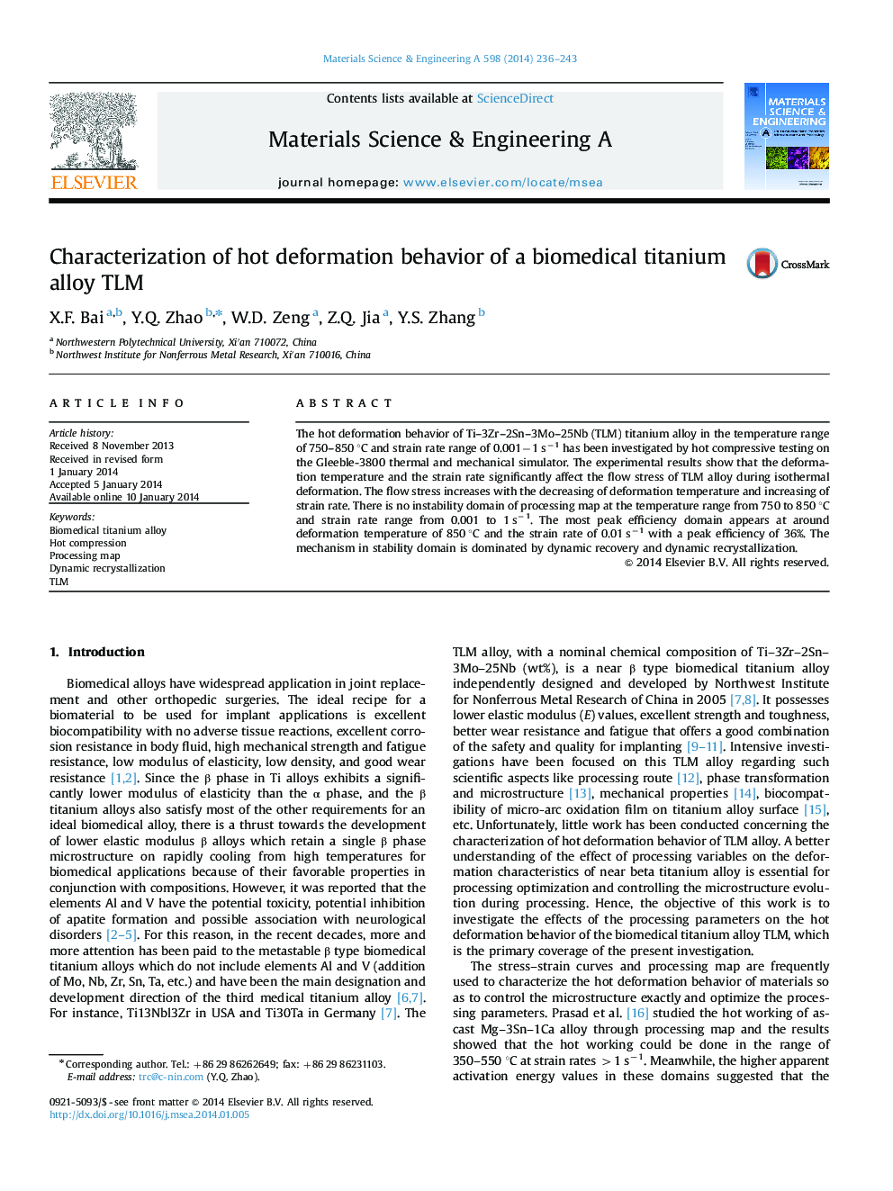 Characterization of hot deformation behavior of a biomedical titanium alloy TLM