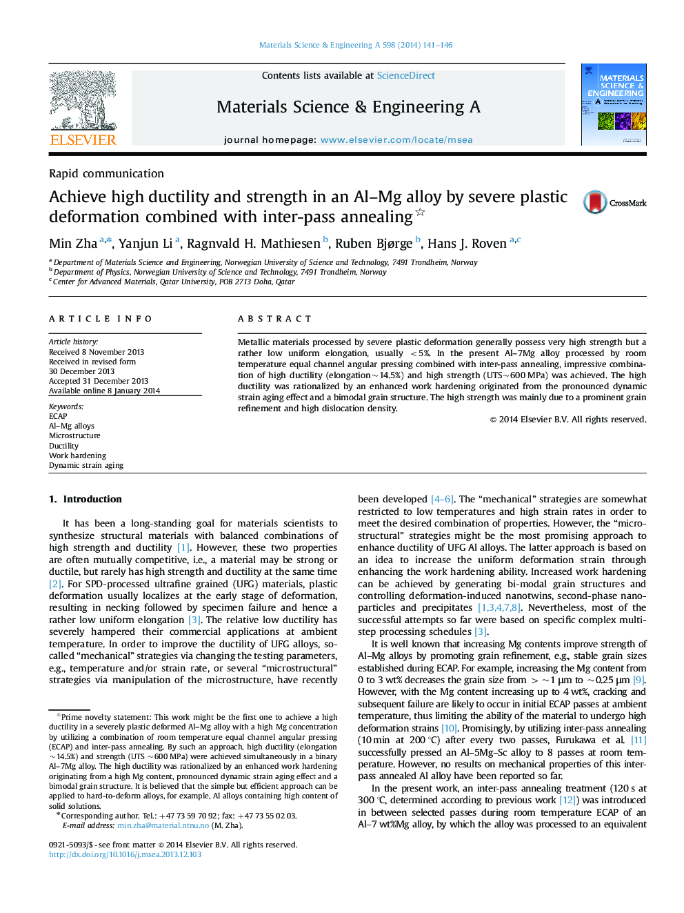 Achieve high ductility and strength in an Al-Mg alloy by severe plastic deformation combined with inter-pass annealing