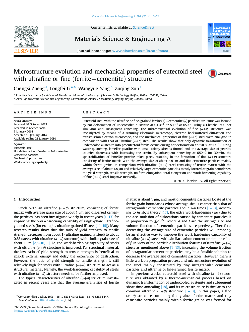 Microstructure evolution and mechanical properties of eutectoid steel with ultrafine or fine (ferrite+cementite) structure