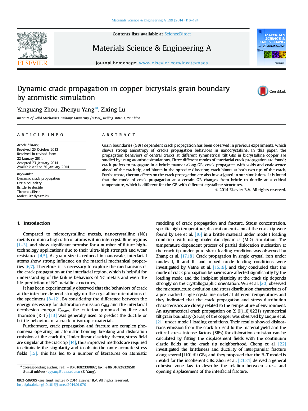 Dynamic crack propagation in copper bicrystals grain boundary by atomistic simulation