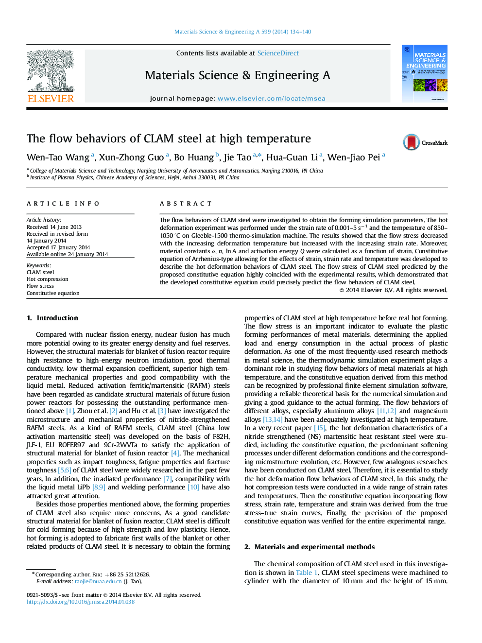 The flow behaviors of CLAM steel at high temperature