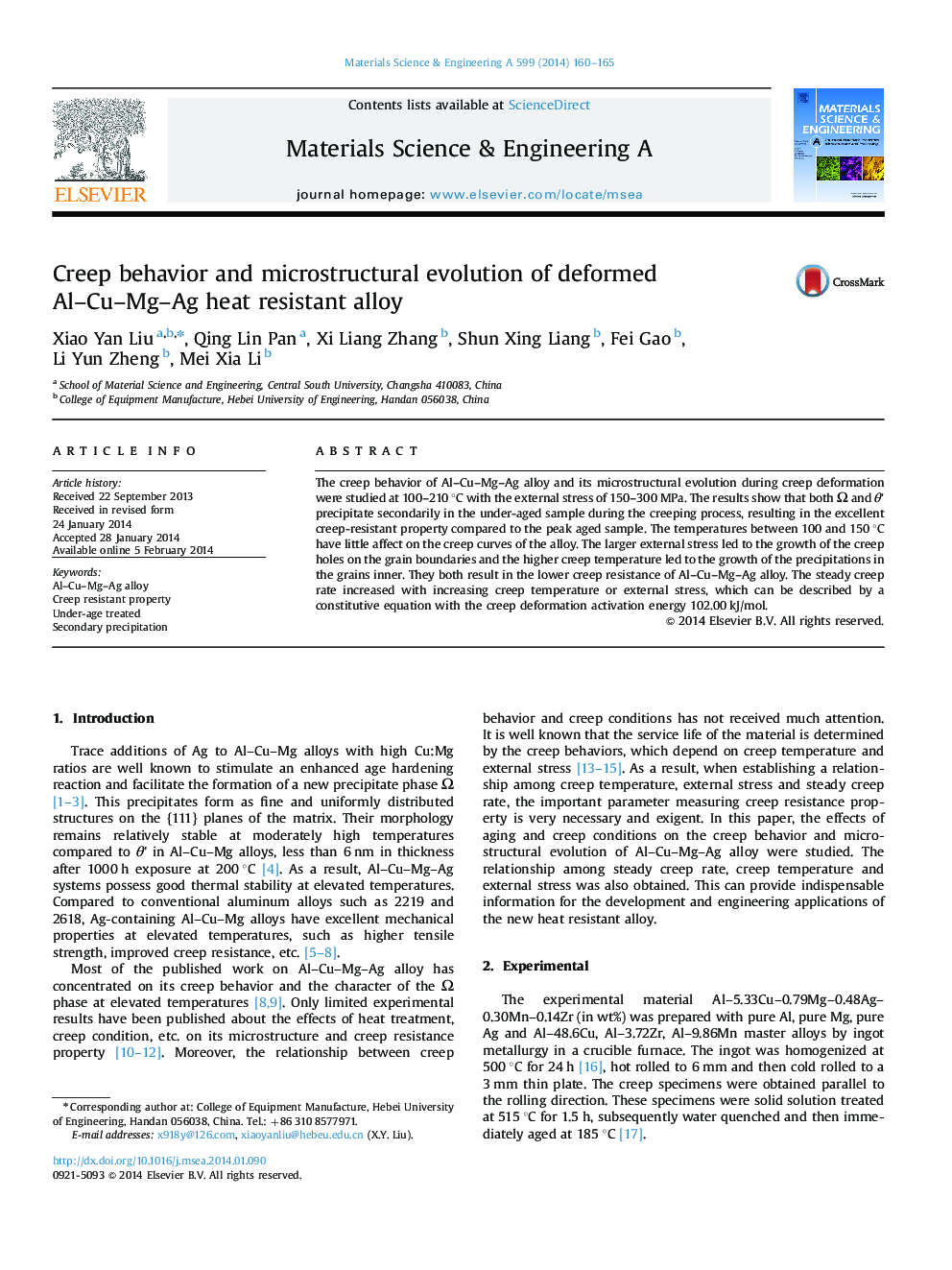 Creep behavior and microstructural evolution of deformed Al-Cu-Mg-Ag heat resistant alloy