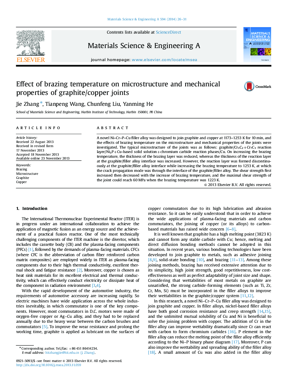 Effect of brazing temperature on microstructure and mechanical properties of graphite/copper joints