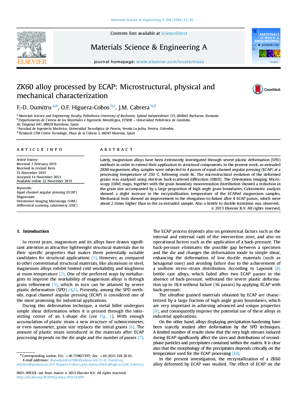 ZK60 alloy processed by ECAP: Microstructural, physical and mechanical characterization