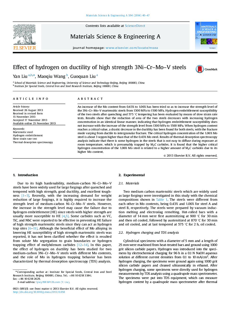 Effect of hydrogen on ductility of high strength 3Ni-Cr-Mo-V steels